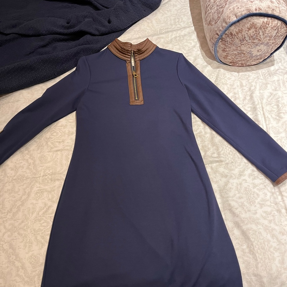 Sail to Sable navy ponte fitted dress with leather zip cuffs and neck.